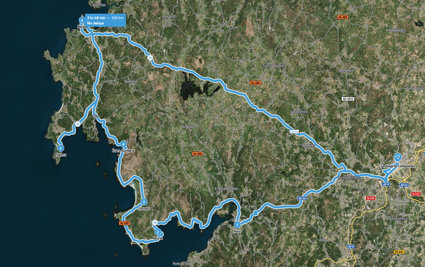 Mapa de la ruta de Santiago a Muxía
